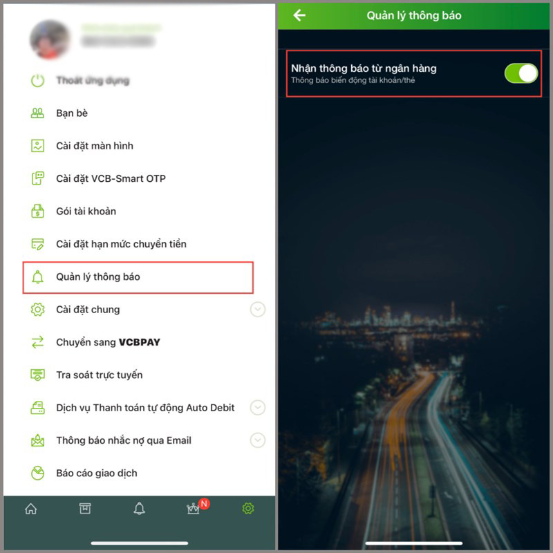 Cách xem miễn phí thông báo số dư trên app VCB Digibank