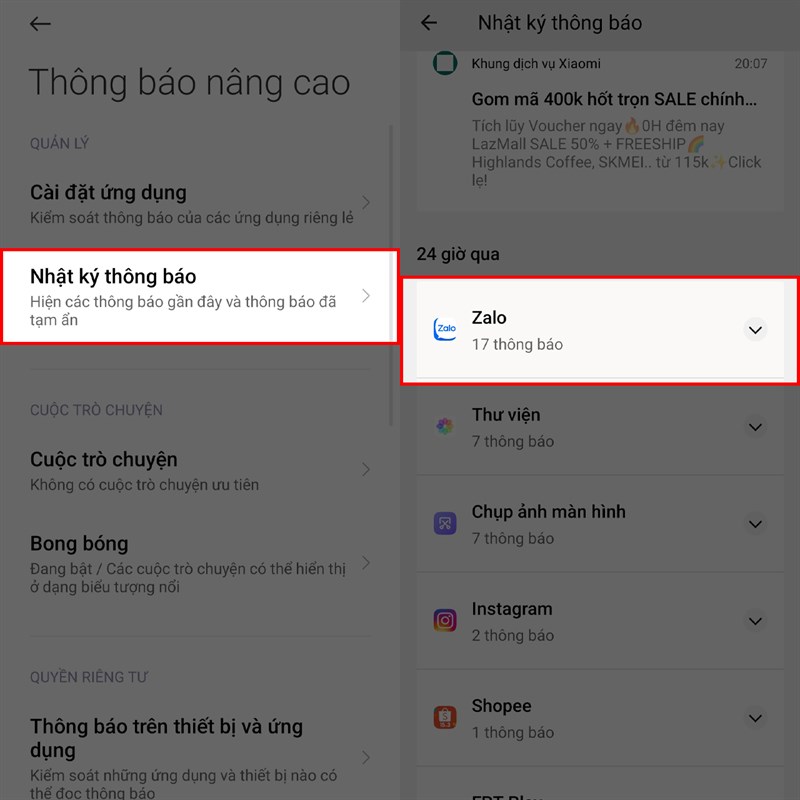 tin nhắn Zalo bị thu hồi trên điện thoại Xiaomi.