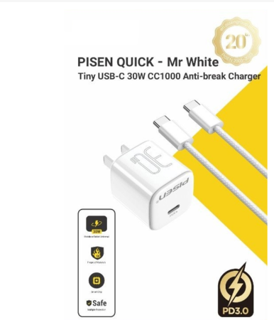 Bộ Sạc Pisen QUICK - Mr White Tiny USB-C 30W CC1000 Anti-break TS-C175